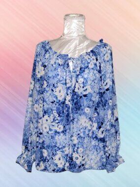 Cece womens size L top blue floral raglan long sleeves nwot